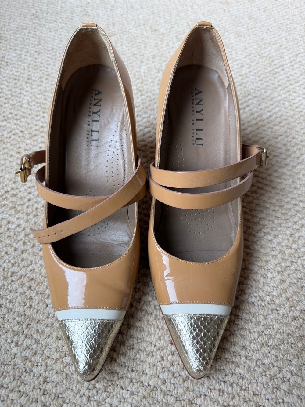 Anyi Lu Beige Patent Leather Pointed Mary Janes with Gold Cap Toe